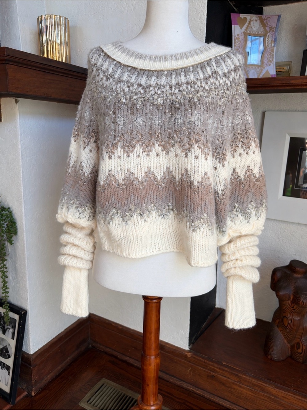 Free People Home For The Holidays Sweater Wool Blend Cream Taupe Fair Isle